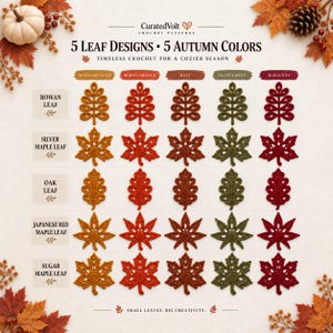 May include: A crochet pattern chart titled 5 Leaf Designs 5 Autumn Colors by CuratedVolt. It displays a grid of five leaf shapes in five colors: mustard gold, burnt orange, rust, olive green, and burgundy. The leaves are rowan, silver maple, oak, Japanese red maple, and sugar maple.