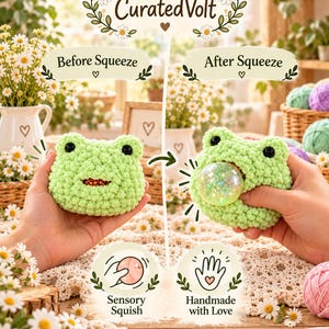 May include: A light green crocheted frog toy labeled CuratedVolt. The image shows a Before Squeeze state and an After Squeeze state where a glittery sphere emerges from the frog's mouth. Includes text Sensory Squish and Handmade with Love.