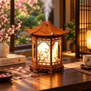 Puede incluir: Un difusor de aceites esenciales de madera con forma de pagoda, marco hexagonal y panel central claro con estampado de flores de cerezo. El dispositivo emite un flujo constante de vapor desde el techo y está iluminado desde el interior.