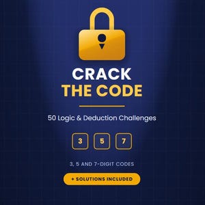 May include: A dark blue logic puzzle book cover titled Sharp Mind Collection Crack The Code with a yellow padlock icon. It features 50 Logic & Deduction Challenges, 3, 5 and 7-digit codes, and solutions included. The design includes a grid pattern.