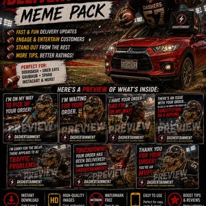 May include: A digital meme pack featuring a T-Rex wearing a football helmet and jersey, driving a red SUV. The graphic includes text such as FOOTBALL DINO DELIVERY DRIVER MEME PACK, 7 HIGH-QUALITY FOOTBALL DINO MEMES, and various delivery status updates.