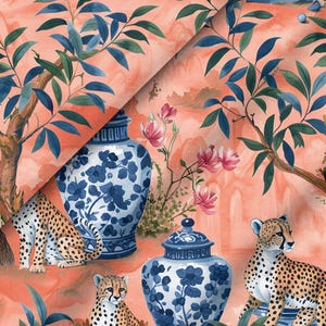 Tissu Chinoiserie Guépard – Motifs de pots à gingembre bleus et blancs, décoration de coussin, thème corail-oriental, 0,5 m x 140 cm, 100 % coton