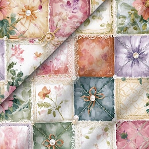 May include: A fabric featuring a patchwork design of square panels with floral patterns in shades of pink, orange, purple, green, and cream. Each square is bordered by white lace trim and accented with small white pearl beads at the corners.