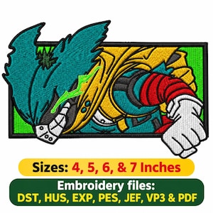 Puede incluir: Un parche rectangular bordado que muestra un personaje estilizado con cabello puntiagudo color verde azulado, capucha amarilla, mangas rojas y un guante blanco sobre un fondo verde brillante. El texto indica: Sizes: 4, 5, 6, & 7 Inches y Embroidery files: DST, HUS, EXP, PES, JEF, VP3 & PDF.