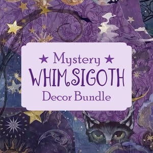 May include: A rectangular white label with the purple text "Mystery WHIMSIGOTH Decor Bundle" featuring star symbols, centered over a purple background patterned with gold stars, crescent moons, a sun face, and a dark cat face with green eyes.