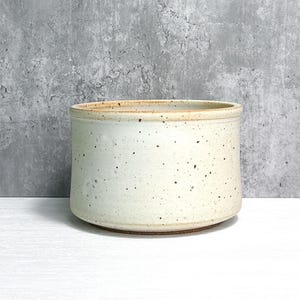 May include: A cylindrical ceramic planter with a speckled off-white glaze and a smooth, flat rim. The exterior surface features small, dark brown flecks distributed across the light-colored body, with a visible brown clay base at the bottom.
