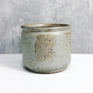 May include: A cylindrical ceramic planter with a speckled light gray and beige finish. The vessel features a smooth, slightly flared rim and a subtle horizontal ridge near the top, showcasing a natural, earthy texture with dark brown speckles.