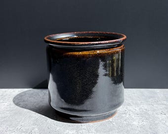 Small Black Planter with Drainage - Classic Tenmoku Black Wheel Thrown Pot