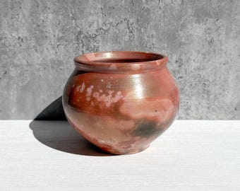 Small Round Saggar Fired Planter - Coral Red Planter with Drainage