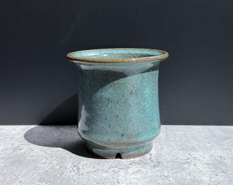 Small Sea Green Planter with Drainage - Wheel Thrown Planter with Wide Rim