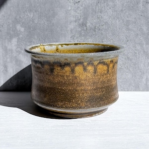 May include: A ceramic bowl with a wide, flared rim and a rounded body. The exterior features a mottled, earthy brown and ochre glaze with a darker, drip-like pattern near the top edge. The interior is glazed in a lighter, muted tone.