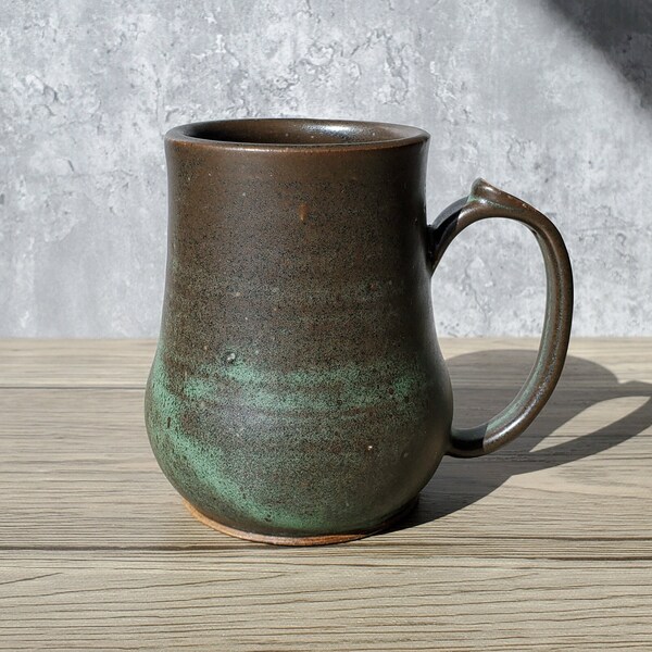 Tulip Shaped Pottery Mug - 12 oz - Wheel Thrown Pottery - Thumb Rest- Green and Black