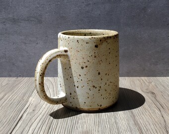 Speckled White Pottery Mug - 11 oz - Wheel Thrown Pottery - Cone 10 Reduction - Toasted Eggshell Glaze