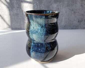 Pottery Cup - Juice Glass - 13 oz Ceramic Wheel Thrown Cup - Handle Free Coffee Cup - Black and Blue