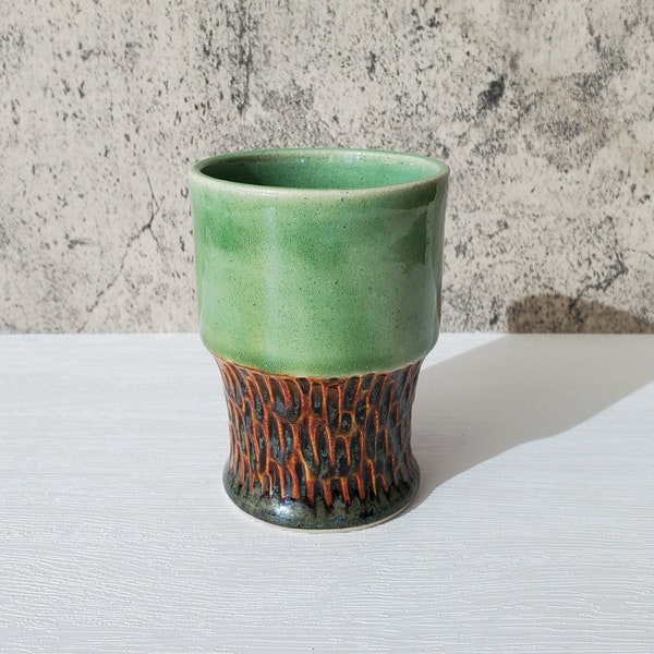 Seconds Sale - Pottery Cup - Juice Glass - 7 oz Ceramic Wheel Thrown Cup - Carved - Green and Brown