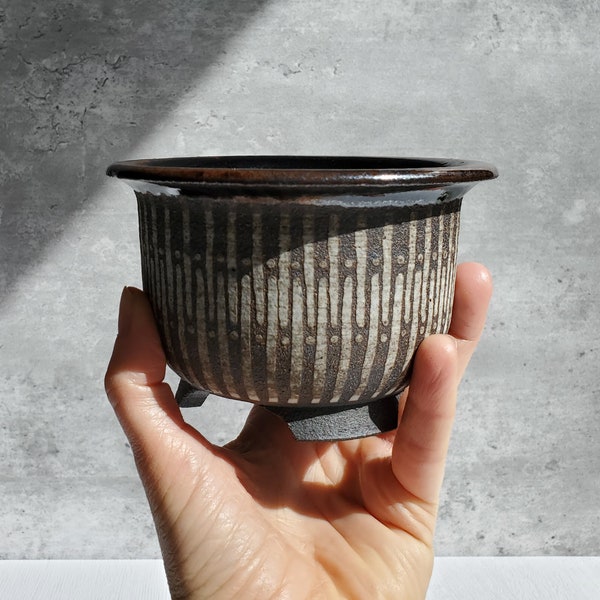Furan Pot - Neofinetia Falcata Pot - Black Clay - Ceramic Vanda Orchid Pot - Black and White Tenmoku