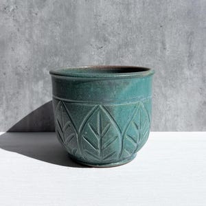 May include: A teal ceramic planter with a leaf pattern carved into the lower half. The planter has a cylindrical shape and a dark brown interior. The background is a gray concrete wall and a white surface.