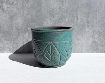 Large Carved Ceramic Planter - Matte Turquoise - Artisan Planter with Drainage