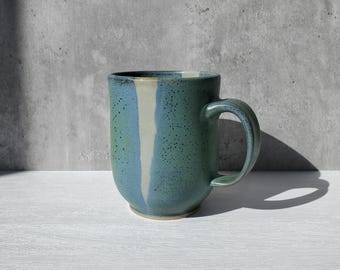 Green and Blue Handmade Mug - 16oz - Wheel Thrown Mug with Overlappeing Glazes