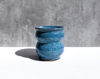 Small Blue Planter with Drainage - Wheel Thrown Curvy Planter
