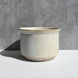 May include: A speckled, off-white ceramic planter with a wide, cylindrical shape. The planter has a slightly flared rim and a rounded base. The exterior features small, dark speckles, and the interior is a solid, lighter color. The planter sits on a white surface.