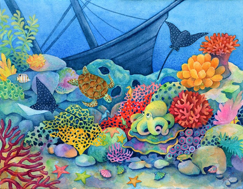 Undersea Nursery Art Fish On Coral Reef Underwater Painting Octopus With Sunken Ship