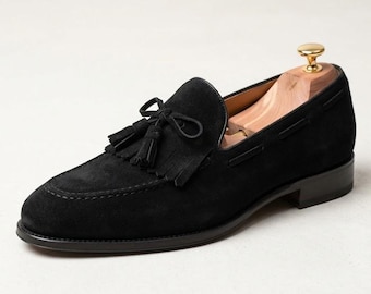 Men's Black Suede Tassel Loafers, Handmade Dress Slip On Shoes, Classic Italian Style Moccasins, Formal Wedding Groom Footwear, Gift For Him