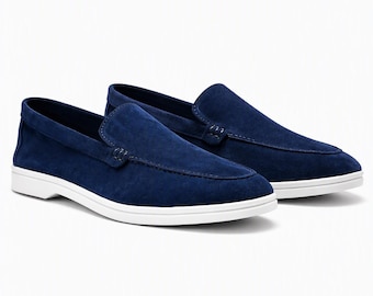 Herren-Loafer aus königsblauem Wildleder, handgefertigte Slipper, luxuriöse Freizeit-Mokassins, Designer-Schuhe, Geschenk für Ihn