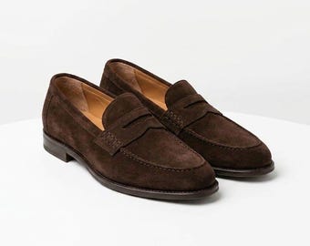 Handmade Dark Brown Suede Penny Loafers for Men – Classic Italian Style Slip-On Dress Shoes, Casual Smart Moccasins, Groom Wedding Footwear