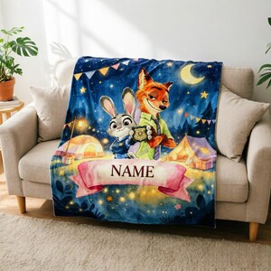 Kinderdeken Zootopia, zachte plaid, gepersonaliseerd met naam, gezellig, kampthema, verjaardagscadeau