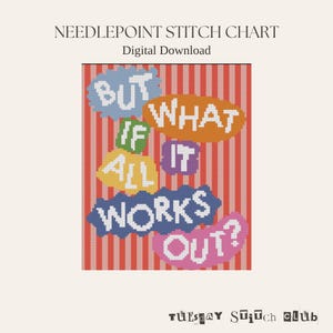 Peut inclure: Un modèle de point de canevas numérique avec le texte BUT WHAT IF IT ALL WORKS OUT? en lettres blanches sur des bulles colorées sur un fond à rayures verticales rouges et blanches. Le texte TUESDAY STITCH CLUB figure en bas de l'image.