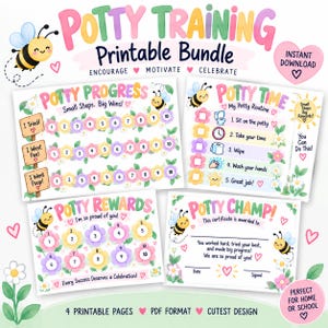 May include: A potty training printable bundle featuring four pages with bee illustrations, floral motifs, and pastel colors. Includes a progress chart, a routine checklist, a rewards sheet, and a certificate with text like Potty Training and Potty Champ.