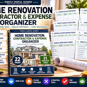 Può includere: Un organizzatore per ristrutturazioni domestiche con rilegatura a spirale, 22 pagine e 21 strumenti pratici. La copertina mostra l'immagine di una casa e il testo 'Home Renovation Contractor & Expense Organizer' con vari fogli di monitoraggio.