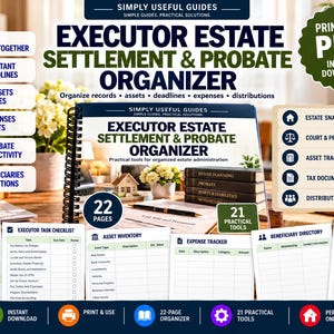 Peut inclure: Un organisateur imprimable de règlement de succession et d'homologation au format PDF de 22 pages avec 21 outils pratiques. Le document comprend des sections pour les aperçus de succession, listes de tâches, inventaires d'actifs et suivis.