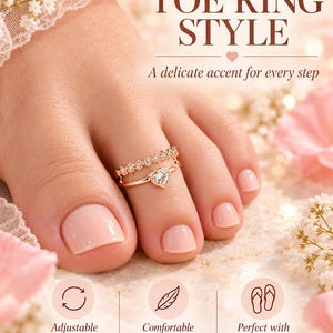 May include: A rose gold-toned toe ring featuring two bands, one with a row of small clear stones and the other with a central heart-shaped clear stone. The text reads TOE RING STYLE, A delicate accent for every step, Adjustable open design, Comfortable everyday wear, and Perfect with sandals or barefoot looks.