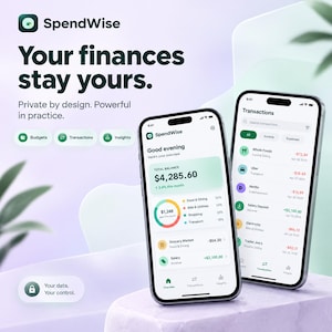 May include: Two smartphones displaying the SpendWise finance application interface. The screens show a dashboard with a total balance of $4,285.60, a spending chart, and a list of transactions including Whole Foods, Uber, and Netflix entries.