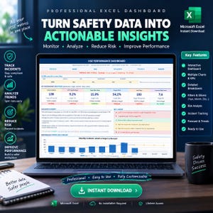 Peut inclure: Un ordinateur portable affichant un tableau de bord HSE professionnel sur Microsoft Excel. L'écran présente des indicateurs de performance, le suivi des incidents et des tendances mensuelles. Le texte inclut 'Turn Safety Data Into Actionable Insights' et 'Safety Drives Success' sur une tasse noire.