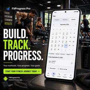 Peut inclure: Un smartphone affichant l'interface du calendrier de l'application FitProgress Pro pour septembre 2026. L'écran présente un planning mensuel avec des icônes codées par couleur pour les entraînements et le repos. Texte : Build. Track. Progress.