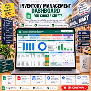 May include: An inventory management dashboard for Google Sheets displayed on a laptop screen. The interface features data tables, bar charts, and a pie chart tracking stock levels, movements, and performance metrics with text labels.