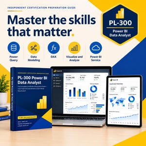 May include: A blue and yellow book titled PL-300 Power BI Data Analyst, a laptop displaying a Power BI dashboard with charts and graphs, and a tablet showing a customer overview report. The text reads Master the skills that matter and PL-300.