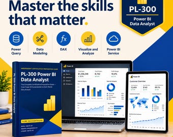Puede incluir: Un libro azul y amarillo titulado PL-300 Power BI Data Analyst, una computadora portátil que muestra un panel de Power BI con gráficos y una tableta con un informe de resumen de clientes. El texto dice Master the skills that matter y PL-300.