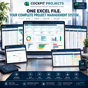 May include: A digital project management system displayed on multiple screens, featuring an executive dashboard with charts, a Gantt chart, a Kanban board, a calendar, and team workload tables. The text reads Cockpit Projects, Premium Excel Project Management System, One Excel File, Your Complete Project Management System, Plan, Track, Analyze, Deliver, and Project Management Made Easy.