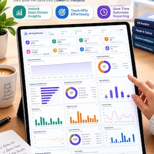 Könnte beinhalten: Ein digitales Tablet, das ein automatisiertes HR-Dashboard mit verschiedenen Datenvisualisierungen wie Balkendiagrammen, Liniendiagrammen und Tortendiagrammen anzeigt. Der Bildschirm zeigt Kennzahlen wie Mitarbeiterzahl, Fluktuation und Altersverteilung sowie die Überschrift Professional & Modern Automated HR Dashboard.