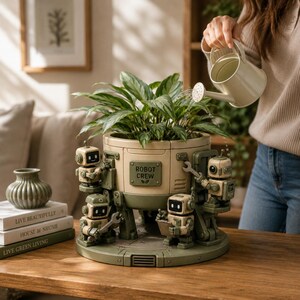 Op de afbeelding: Een beige en olijfgroene cilindervormige plantenbak met vier kleine robotfiguren aan de buitenkant. Het centrale paneel is gelabeld met "ROBOT CREW" en een klein blaadje. De plantenbak staat op een ronde voet en bevat een groene plant.
