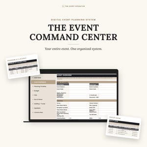 May include: A digital event planning system titled The Event Command Center displayed on a laptop screen, featuring an Event Overview dashboard with sections for event details, logistics, and planning, accompanied by two smaller program document previews.