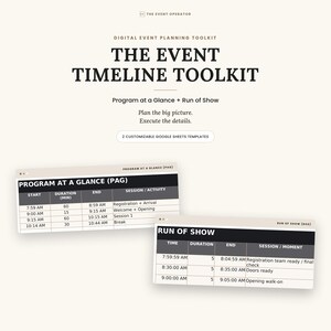 May include: A digital event planning toolkit titled The Event Timeline Toolkit, featuring two customizable Google Sheets templates: Program at a Glance and Run of Show. The text includes Program at a Glance (PAG) and Run of Show (ROS) tables.