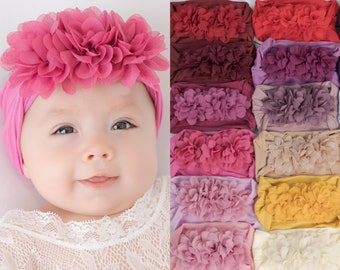 Baby Girl Headbands, Newborn Baby Bows, Baby Girl Headwraps, Toddler Turban Nylon , FLOWER TRIO Baby Headband, Toddler Hair Bows, Head Wrap