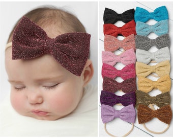 Baby headbands, Baby girl headbands, Nylon baby headband, Red Glitter Bow Headband, Gold baby headband, Baby Hair Bows, Newborn Headbands