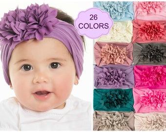 Nylon Baby Headband, DUO FLOWER Baby Headbands, One Size Fits All Nylon Headbands, wide nylon headbands,baby shower gift, Nylon Head Wrap,