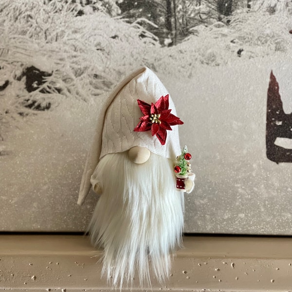 Christmas Gnome: Ivory Knit Hat, Faux Fur Beard, Tree Decor
